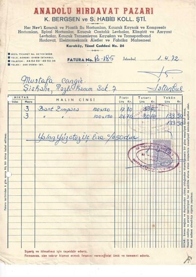1972 Anadolu Hırdavat faturası